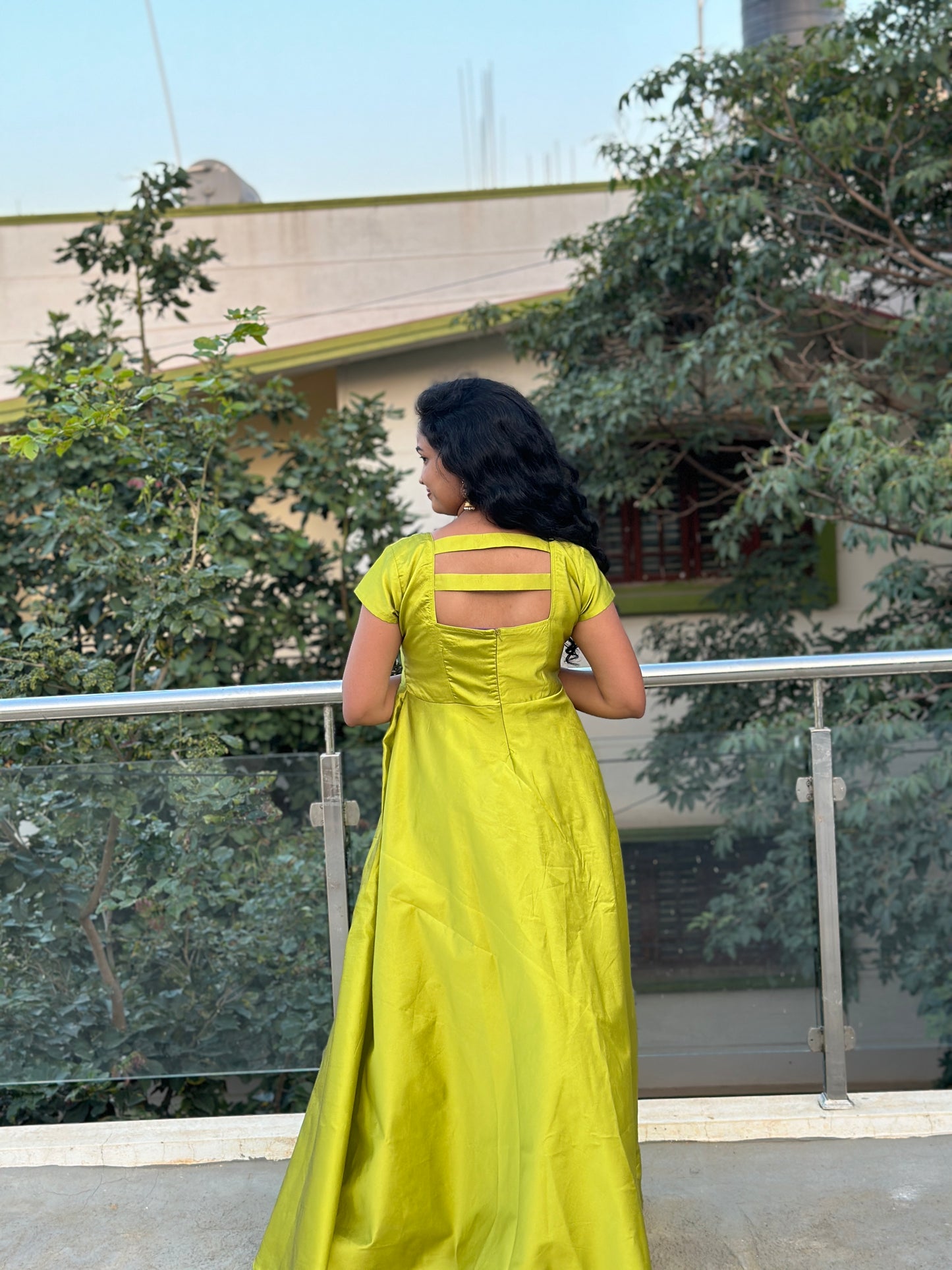 Lime Green Umbrella Long Gown with Pink Jacket