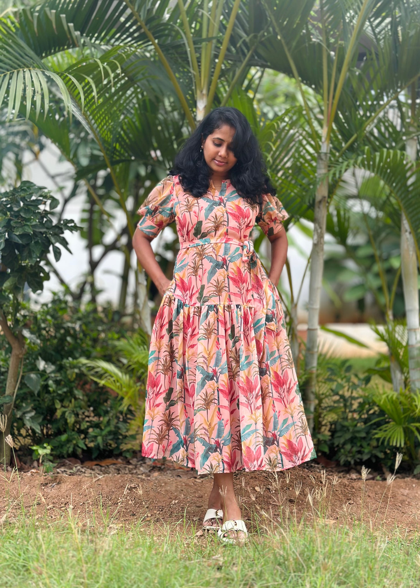 Peach Palm A- line dress