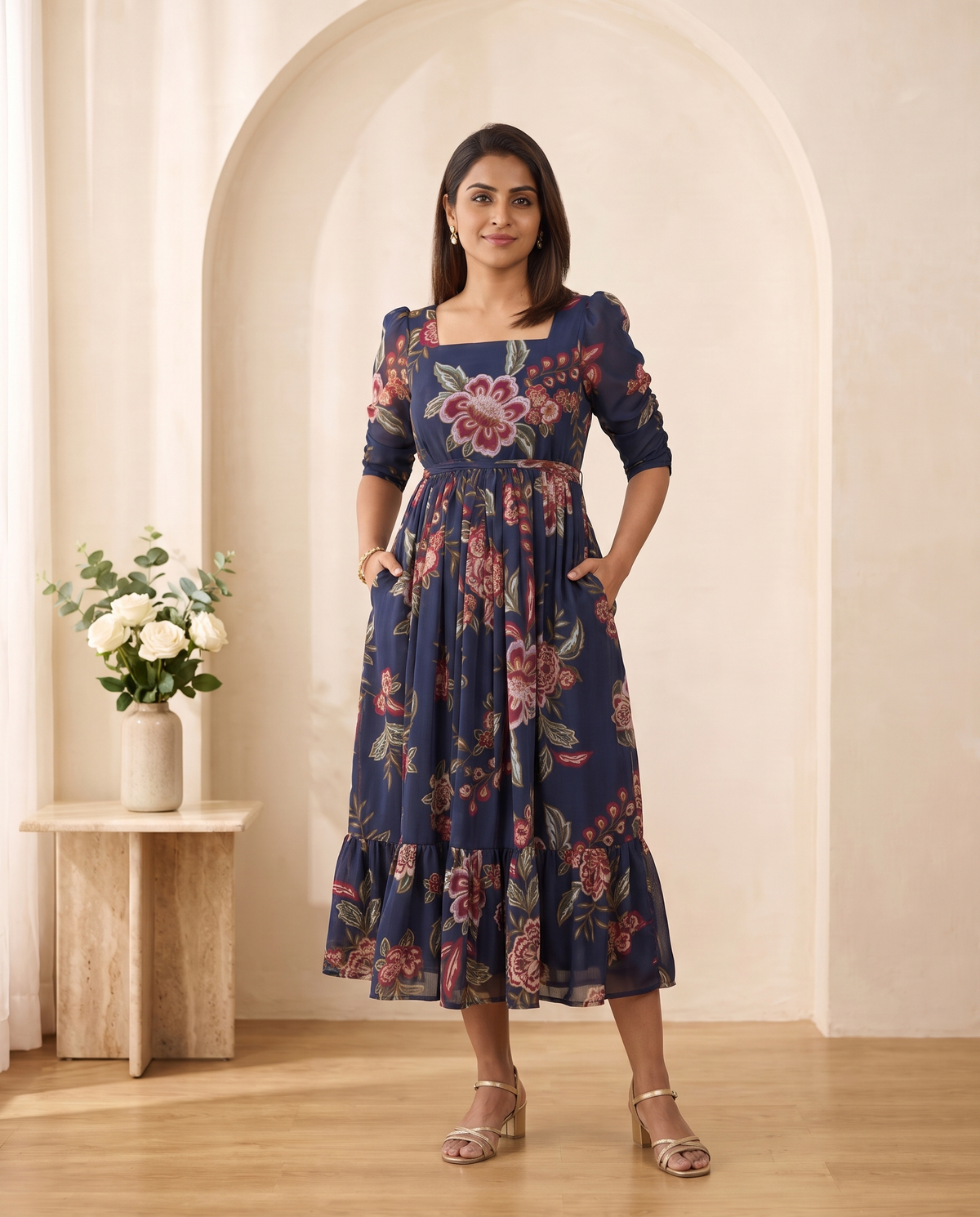 Indigo Charm Georgette Midi Dress