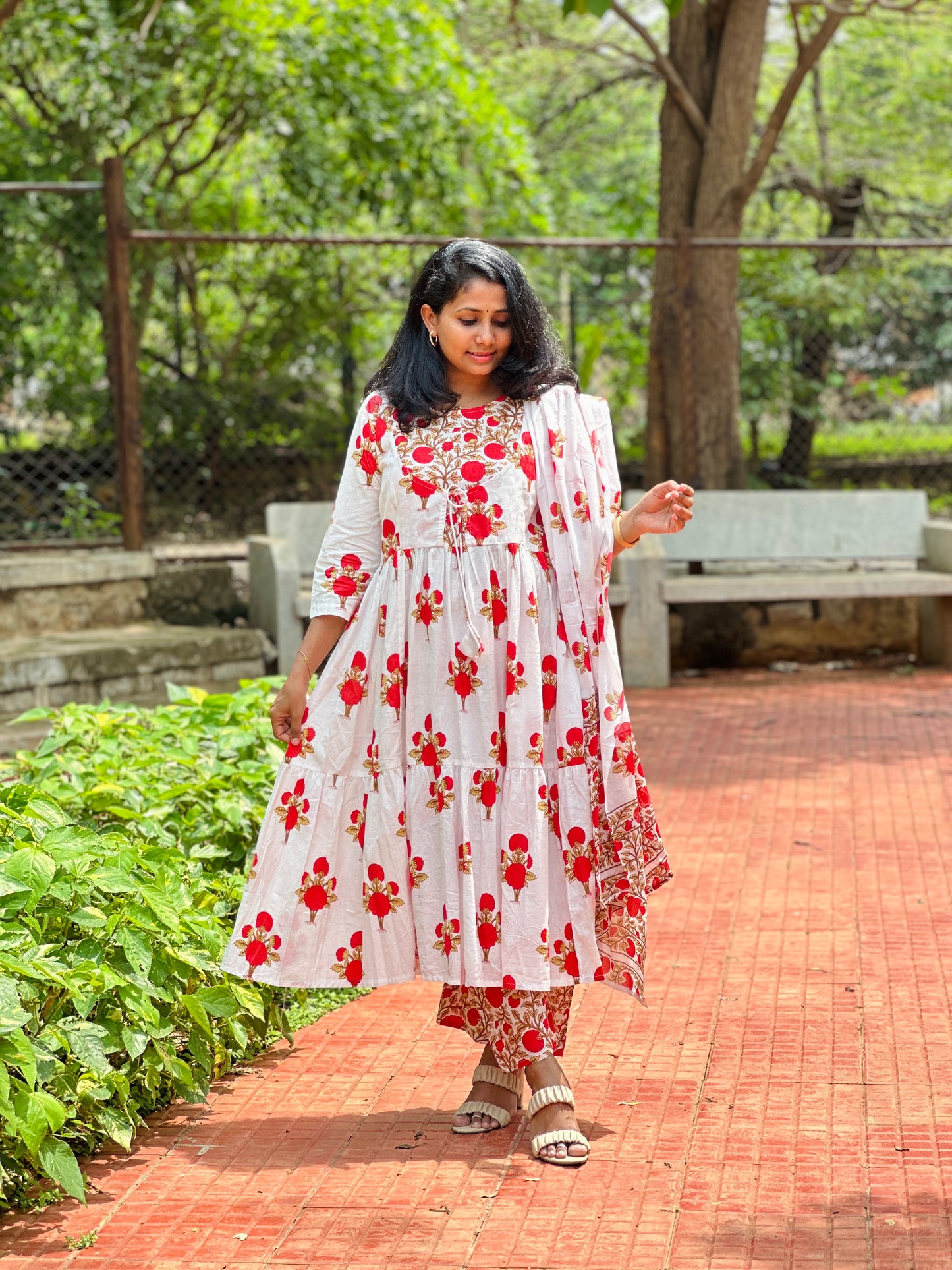 Hetvi Red Floral Cotton 3 Piece Suit Set