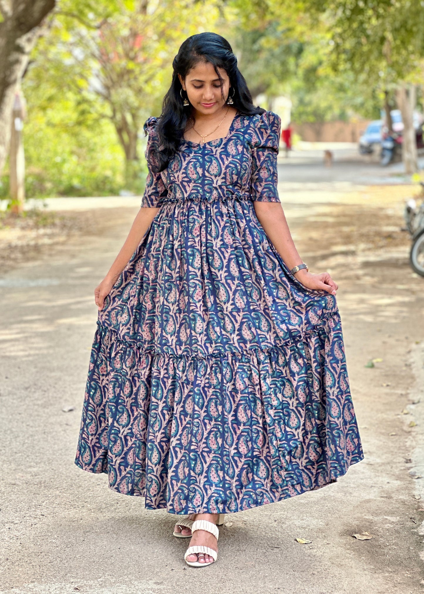 Yashna Paisley Printed 2 Tier Cotton Maxi Dress