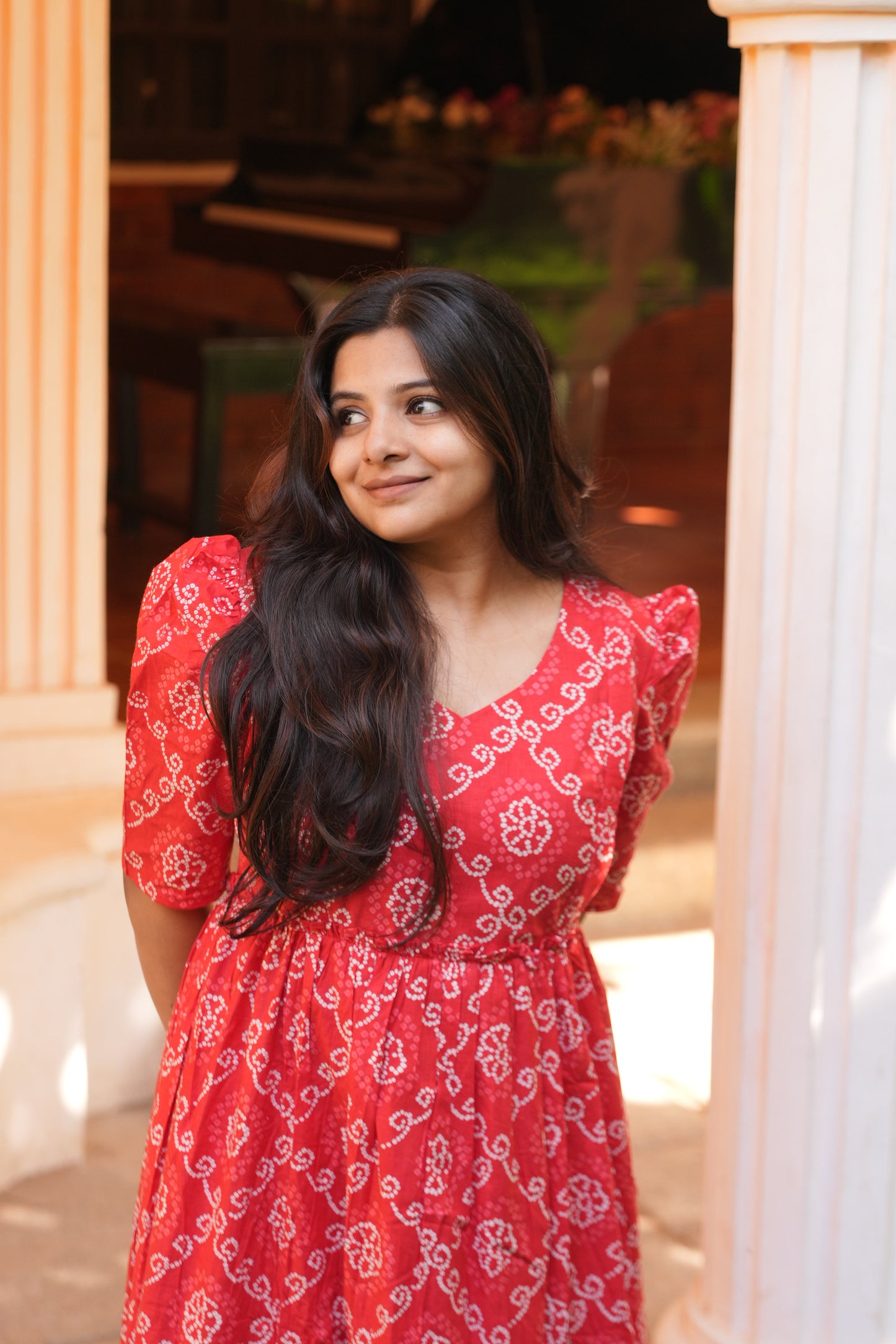 Irene Red Bandhani Print Cotton Maxi Dress