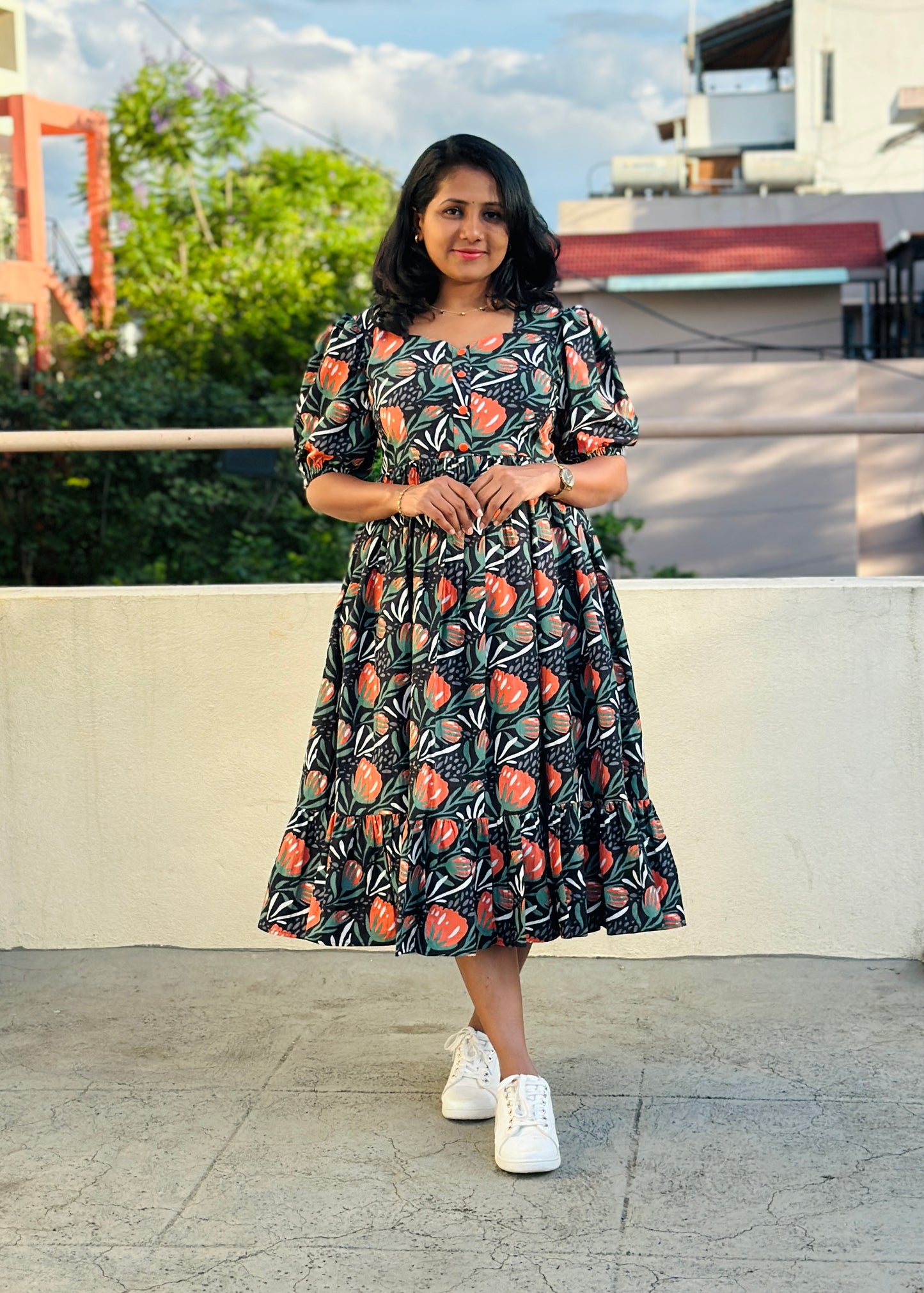 Hrida Black Floral Cotton Midi Dress