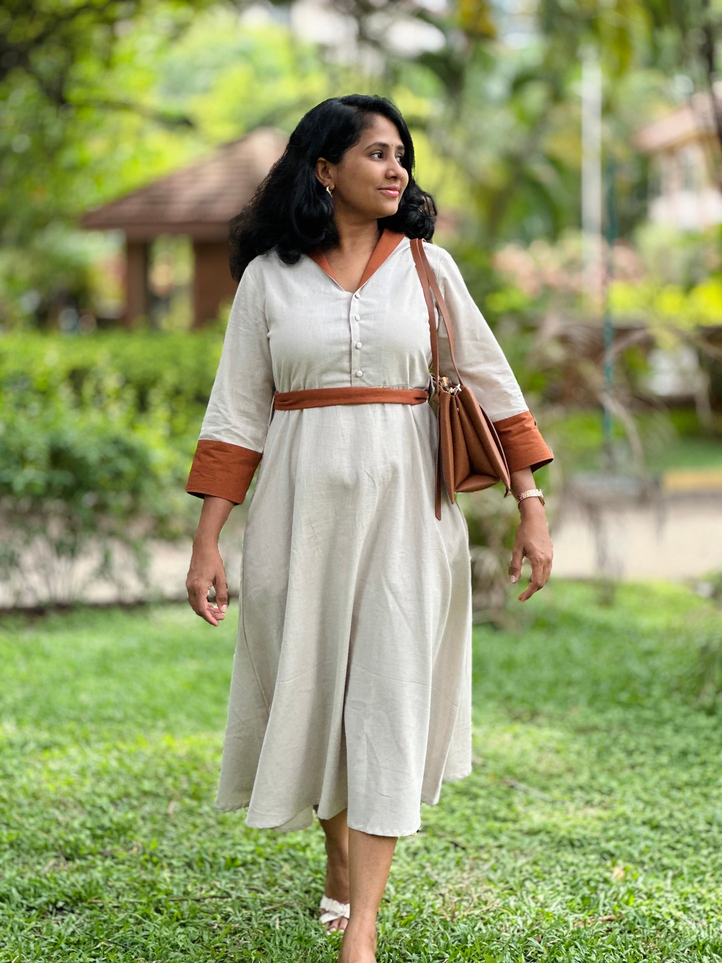 Cotton Linen Midi Dress with Collar, Pockets-Ivory Colour β Office Wear β Ready to Ship