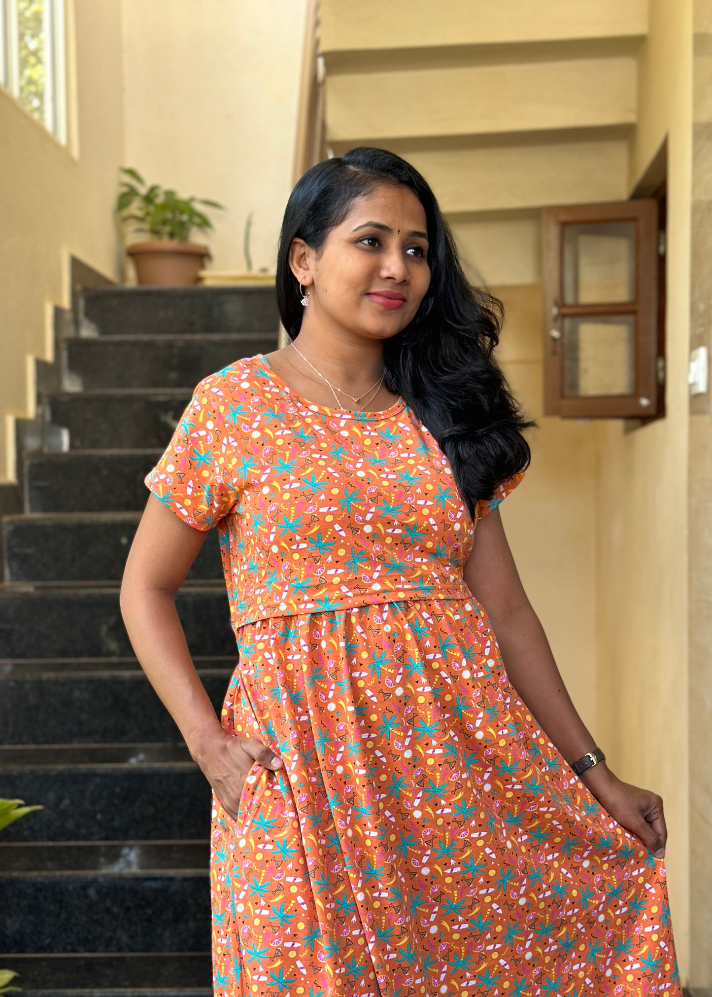 Orange Printed Maternity & Feeding Loungewear