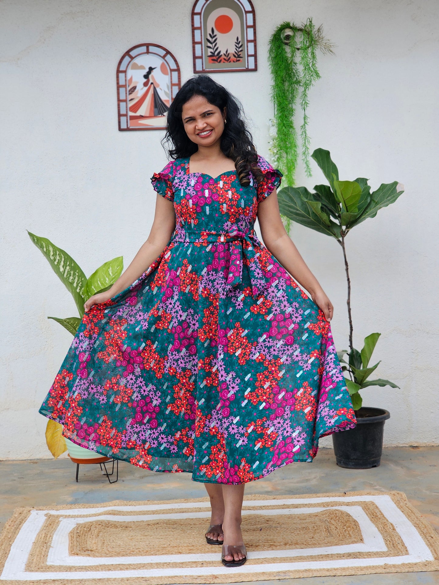 Green & pink umbrella dress