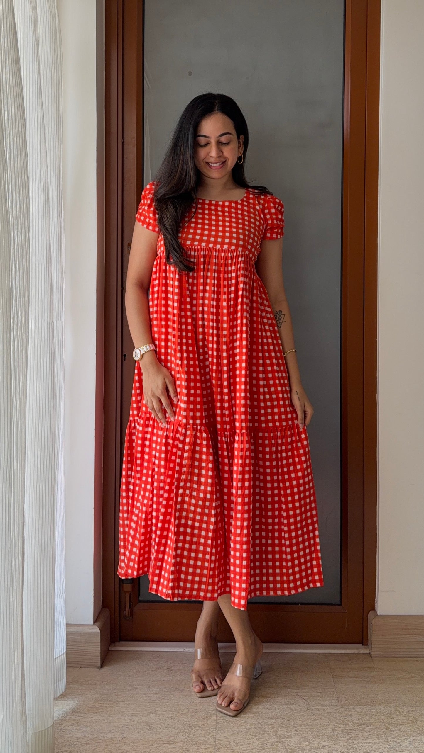 Orange Gingham Cotton Dress