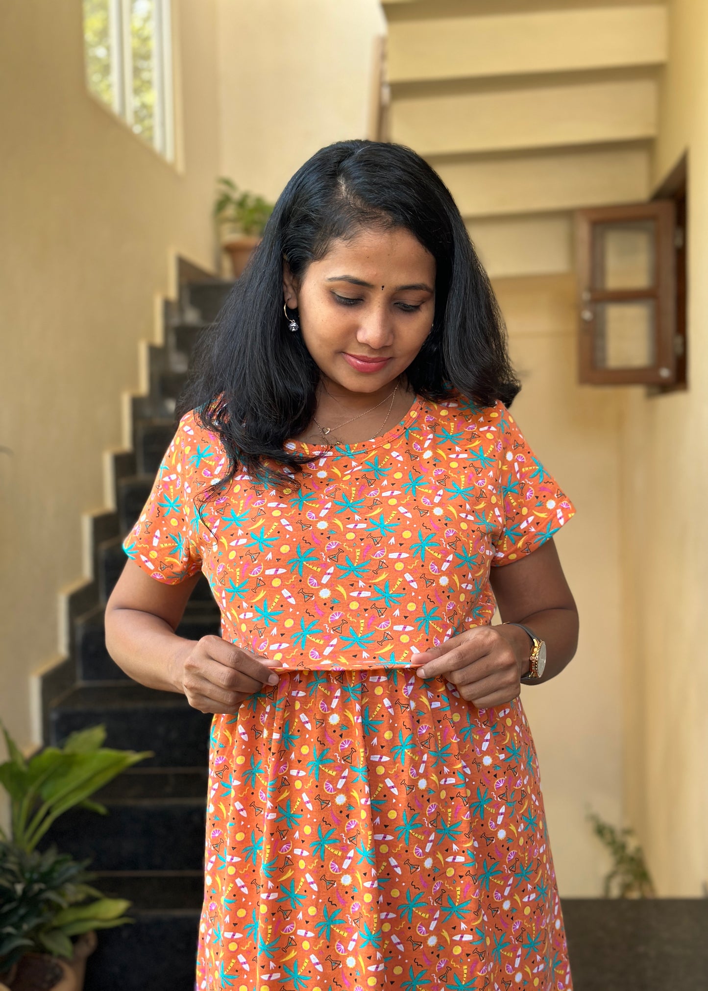 Orange Printed Maternity & Feeding Loungewear