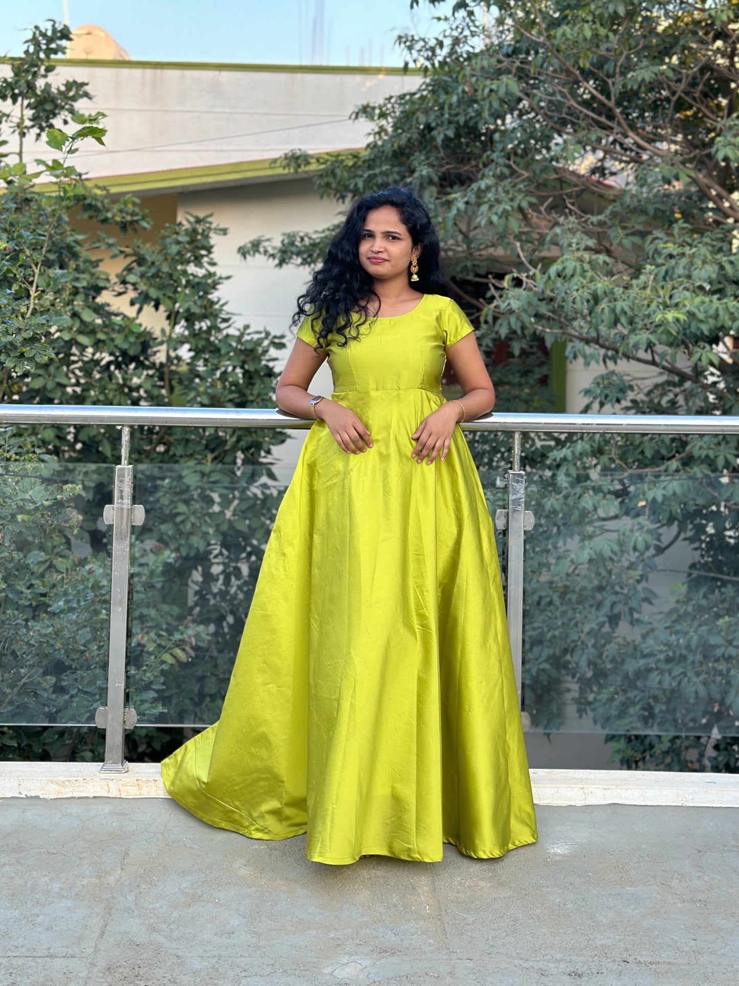 Lime Green Umbrella Long Gown with Pink Jacket