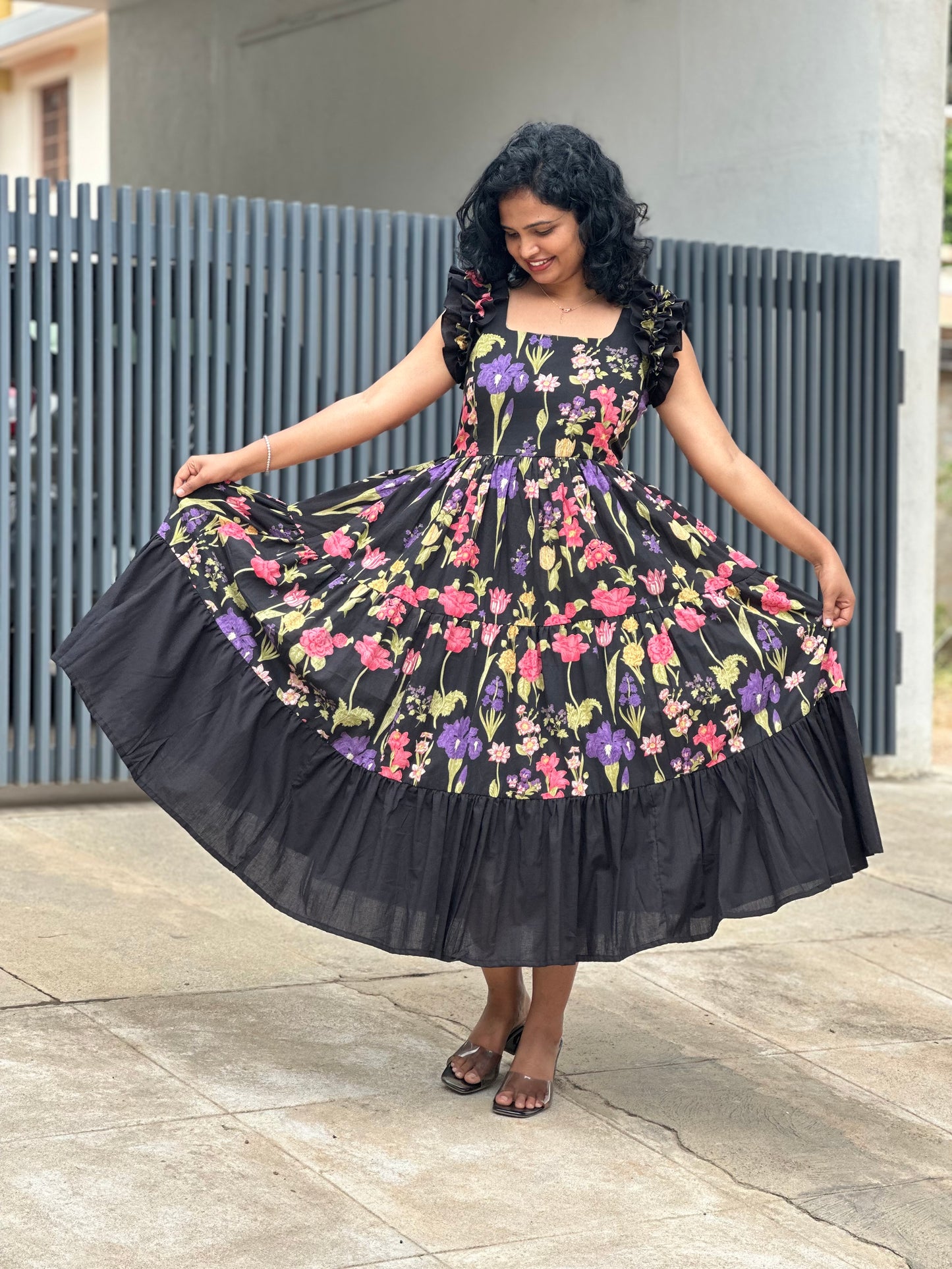 Zeya Black 3 tiered midi Dress