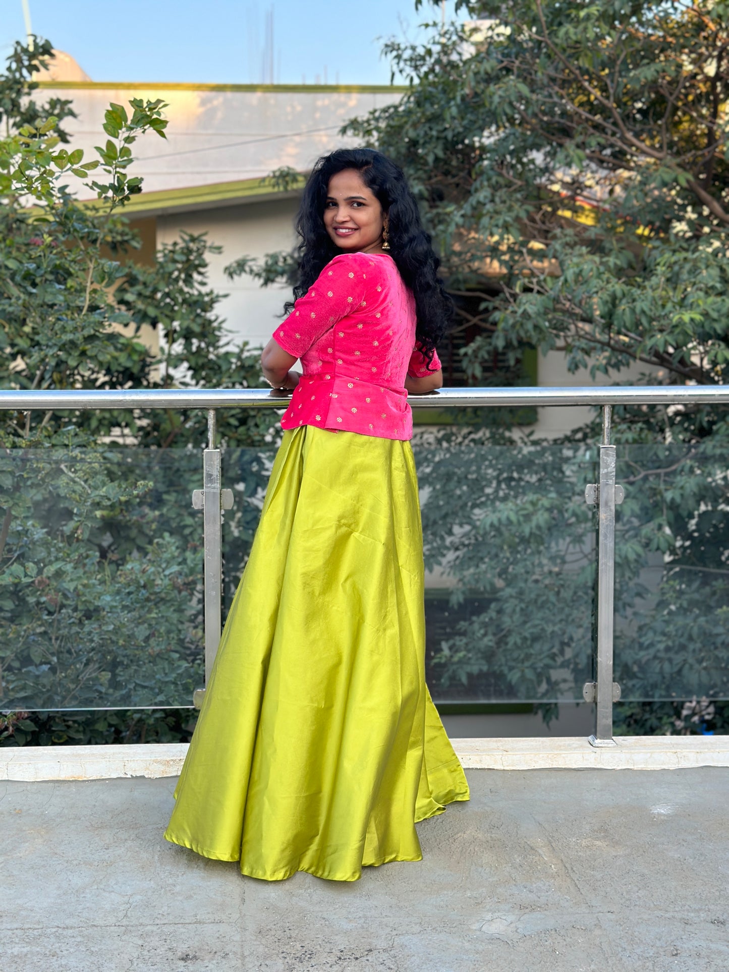 Lime Green Umbrella Long Gown with Pink Jacket