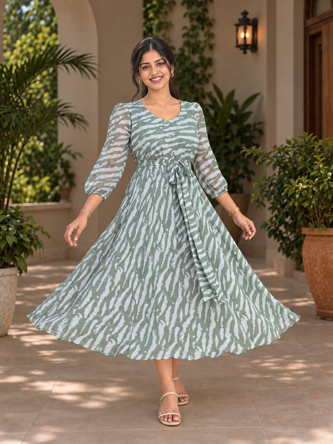 Brielle Sage Green Abstract Stripe Chiffon Dress