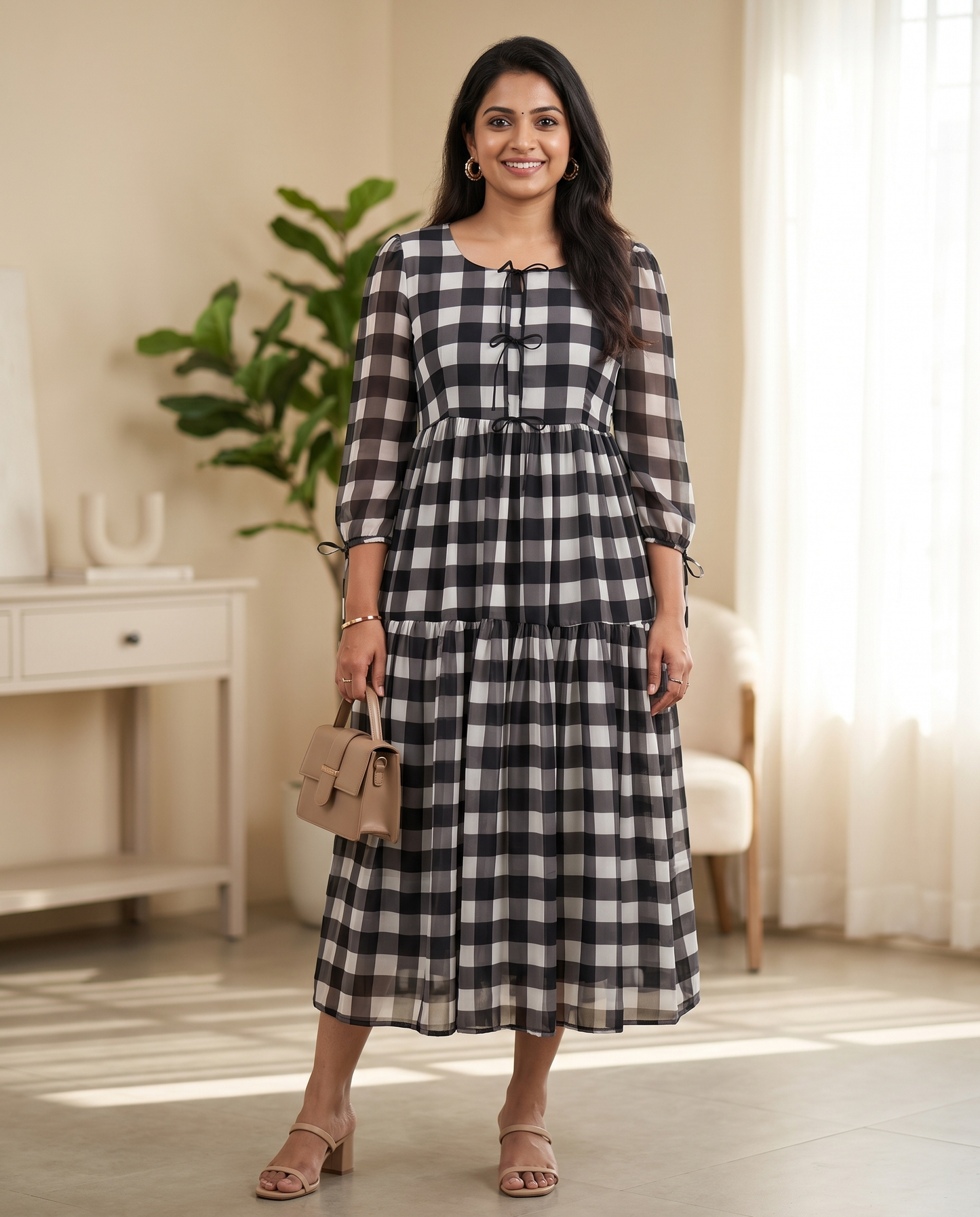 Minka Monochrome Check Bow Georgette Dress