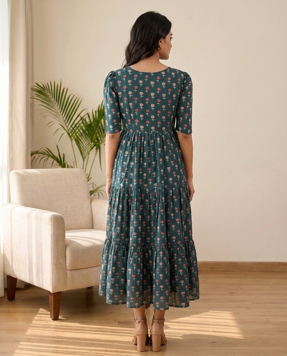 Sylora Deep Teal Floral Tiered Midi Dress