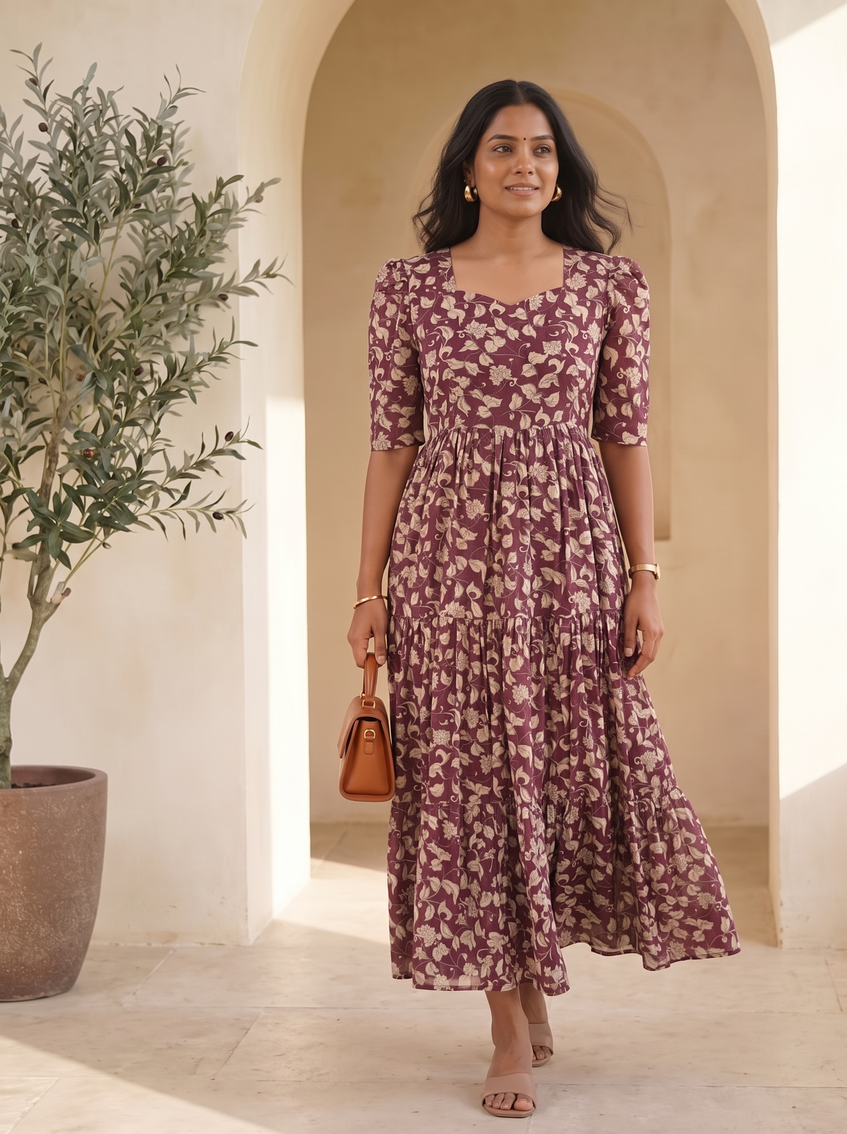 Tavira Wine Floral Tiered Midi Dress