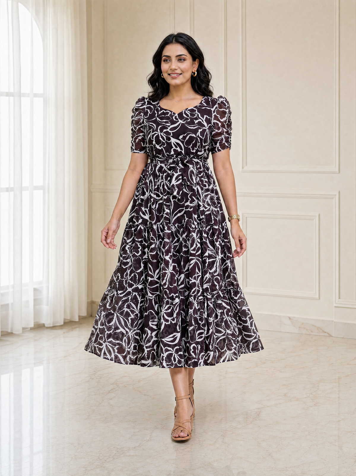 Ashley Brown Floral Ruched Sleeve Chiffon Dress