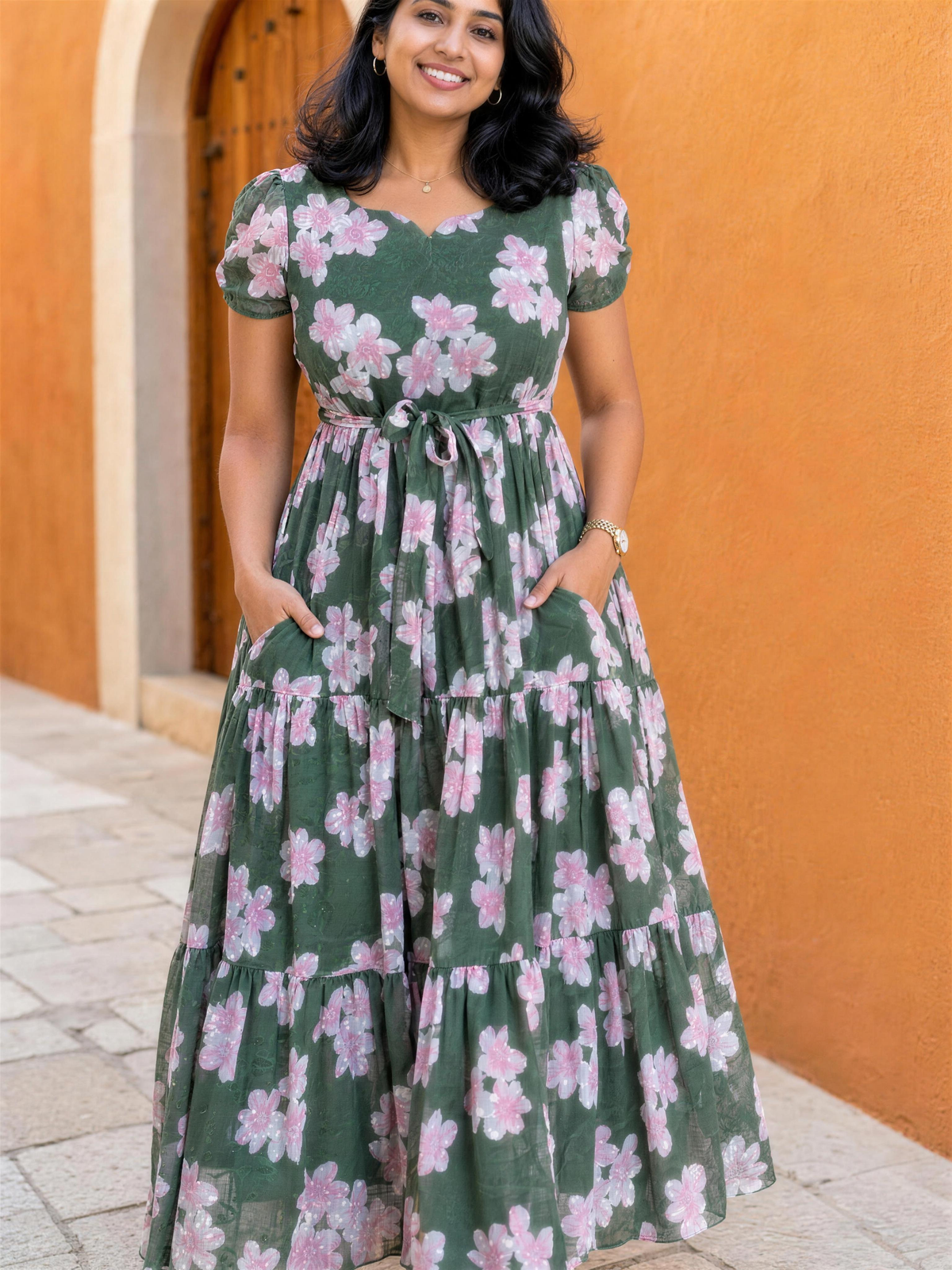 Daphne Green Floral Puff Sleeve Tiered Dress