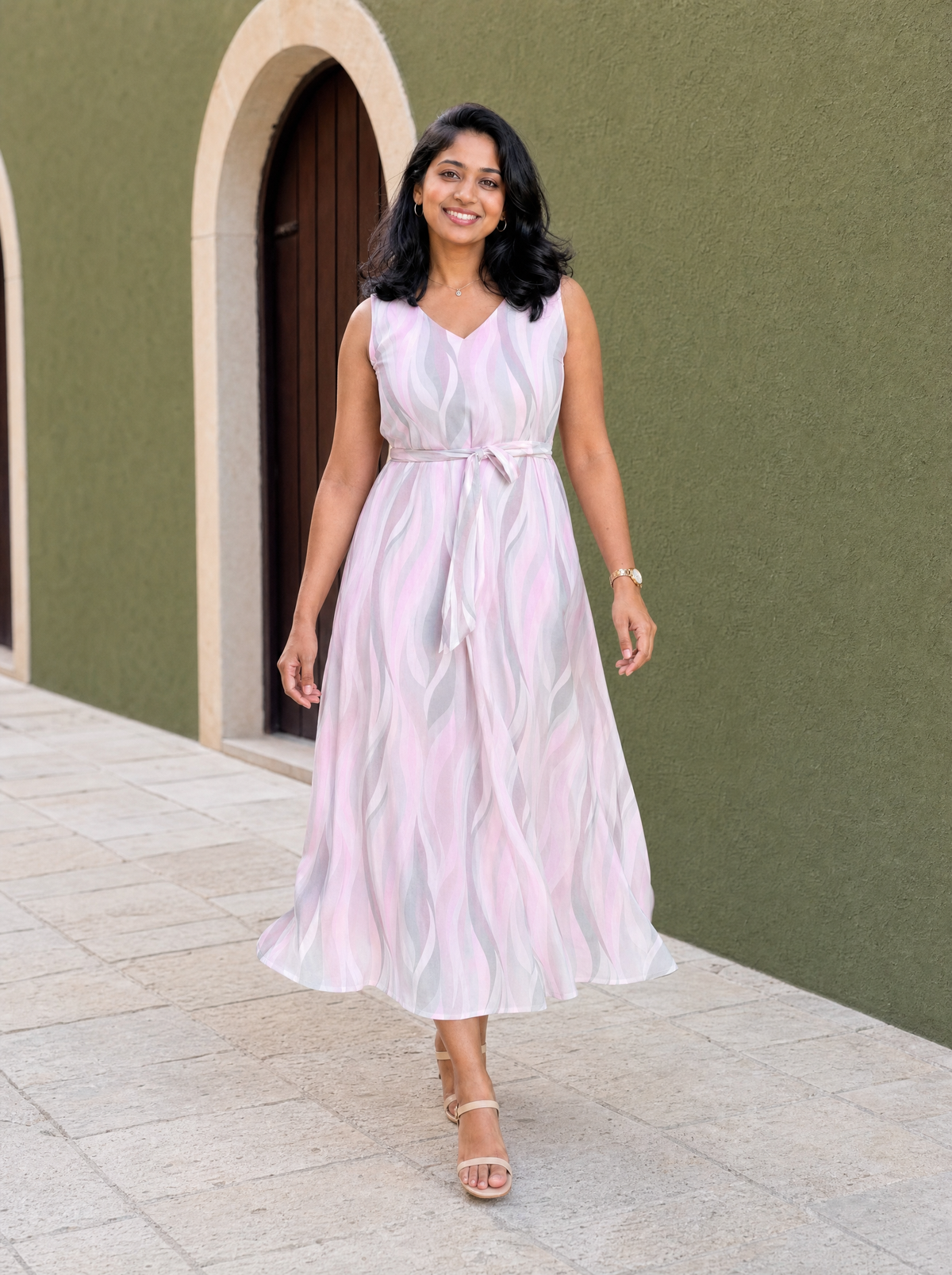 Lilia Pastel Pink Wave Print Sleeveless Dress