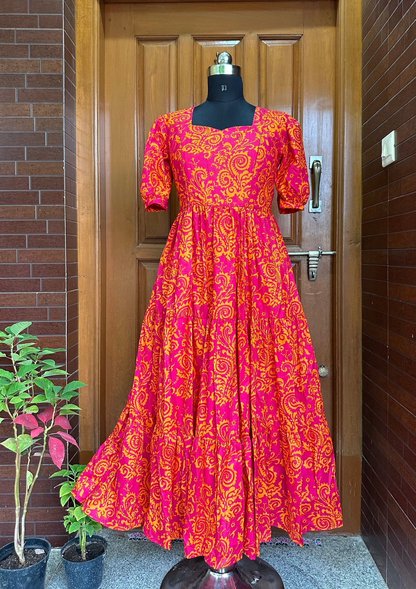 Pink with Orange Print Cotton Maxi Dress
