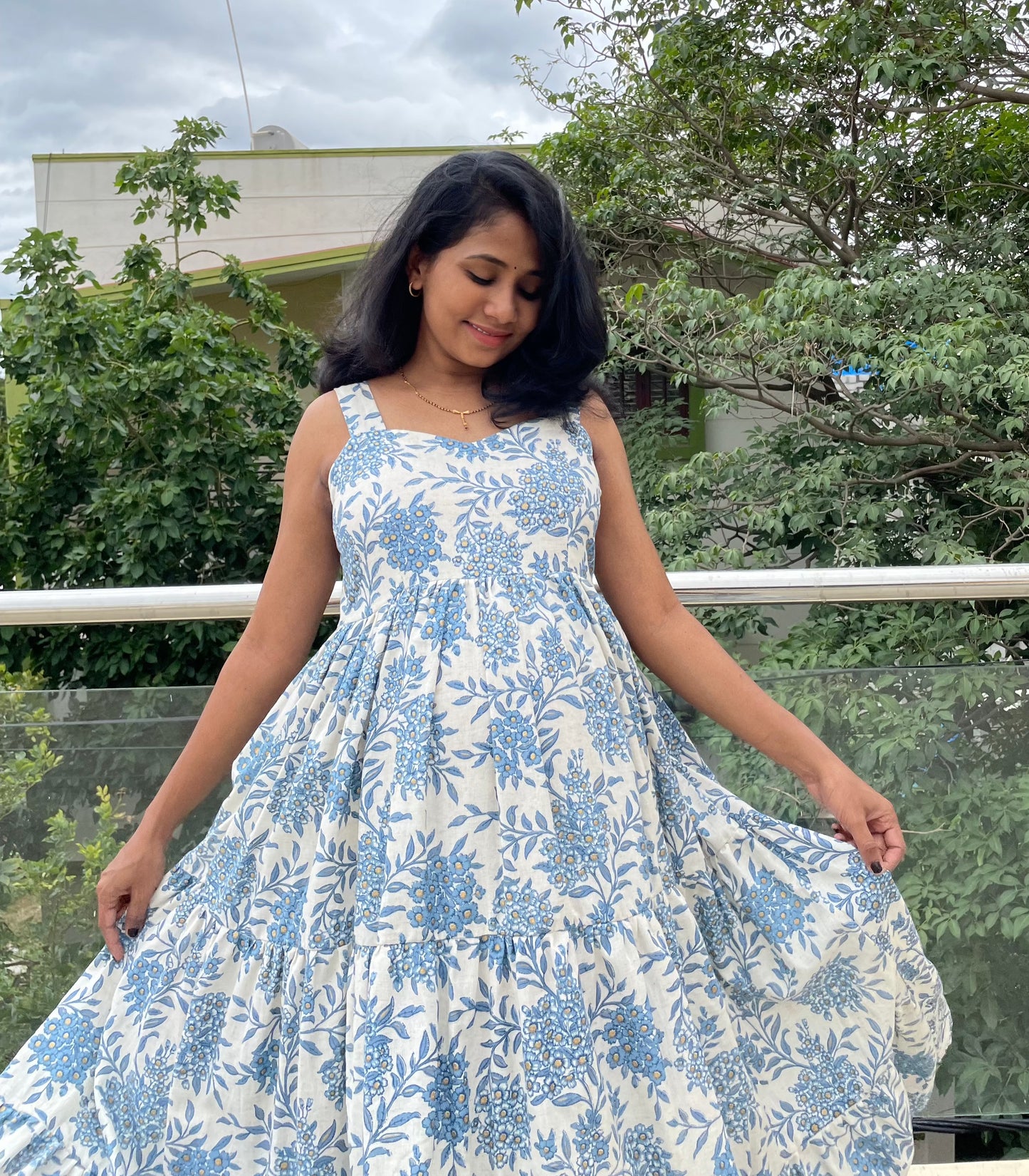 Selena White & Blue Floral Maxi Dress
