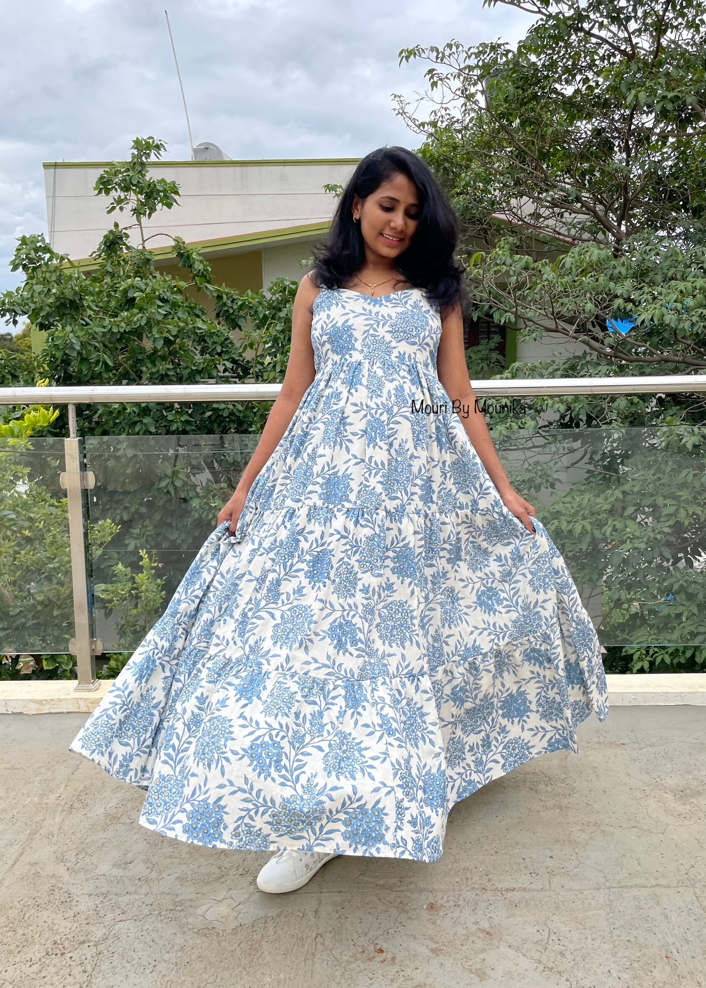 Selena White & Blue Floral Maxi Dress