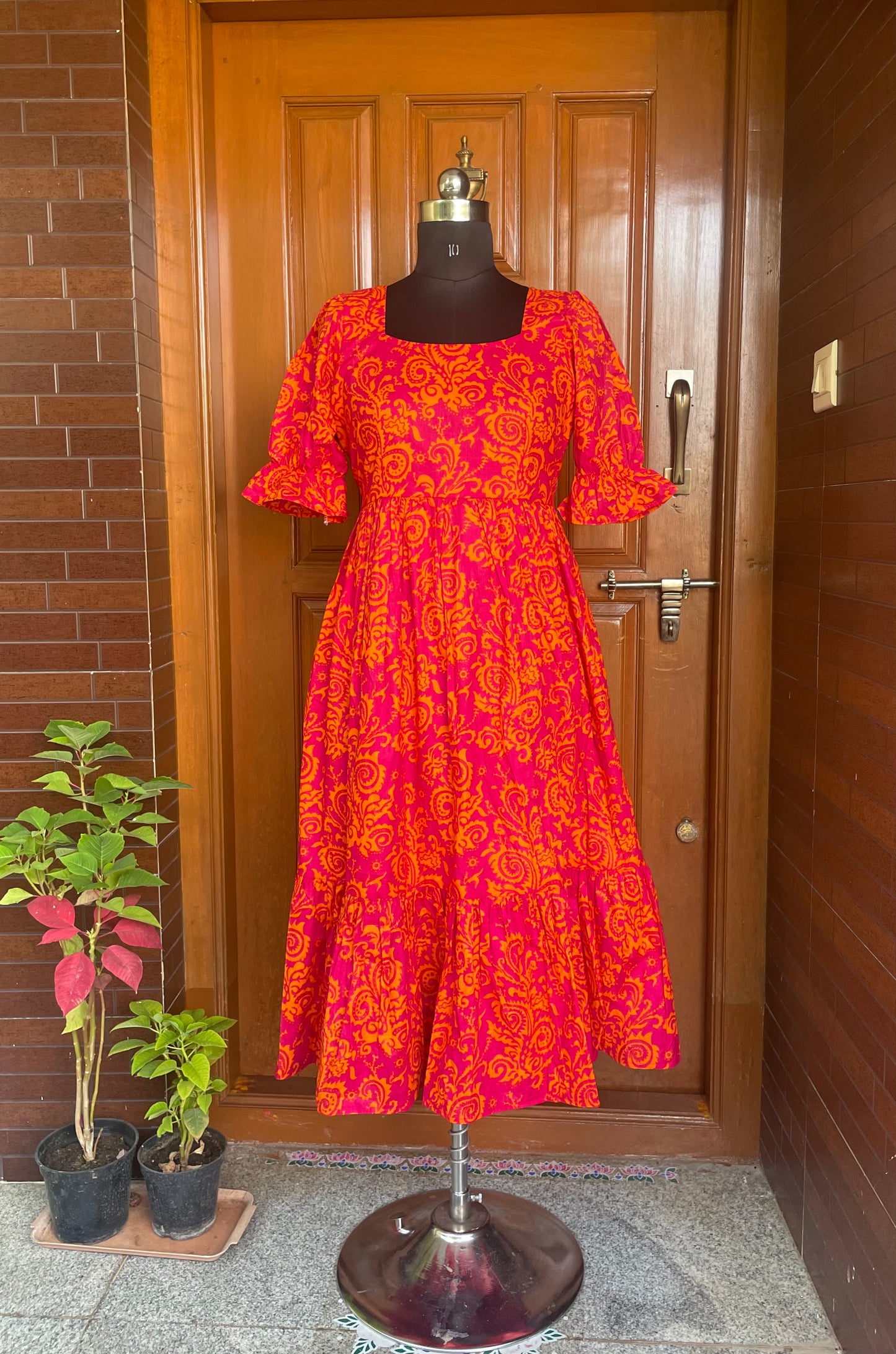 Pink with Orange Print Cotton Midi Dress
