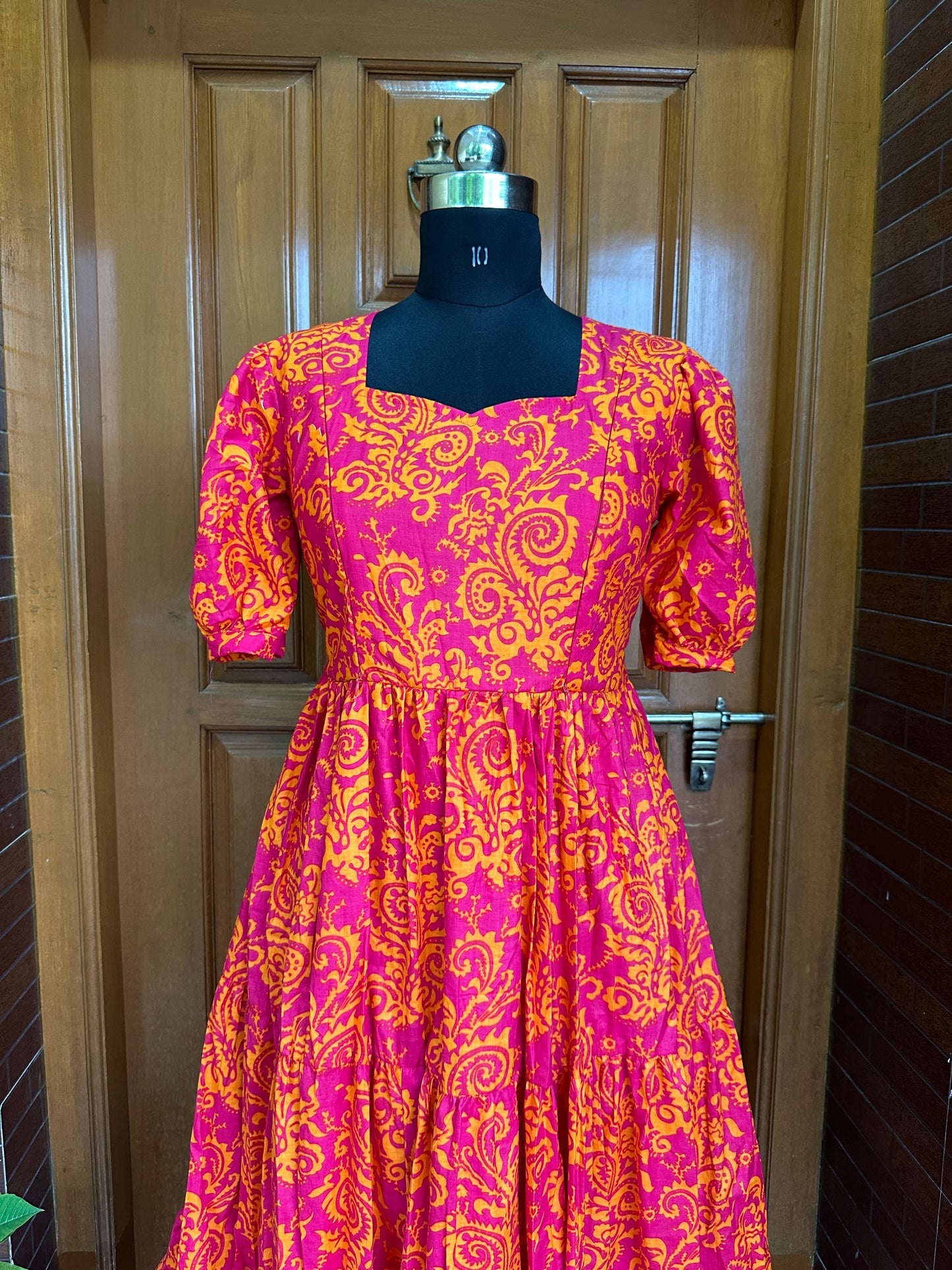 Pink with Orange Print Cotton Maxi Dress