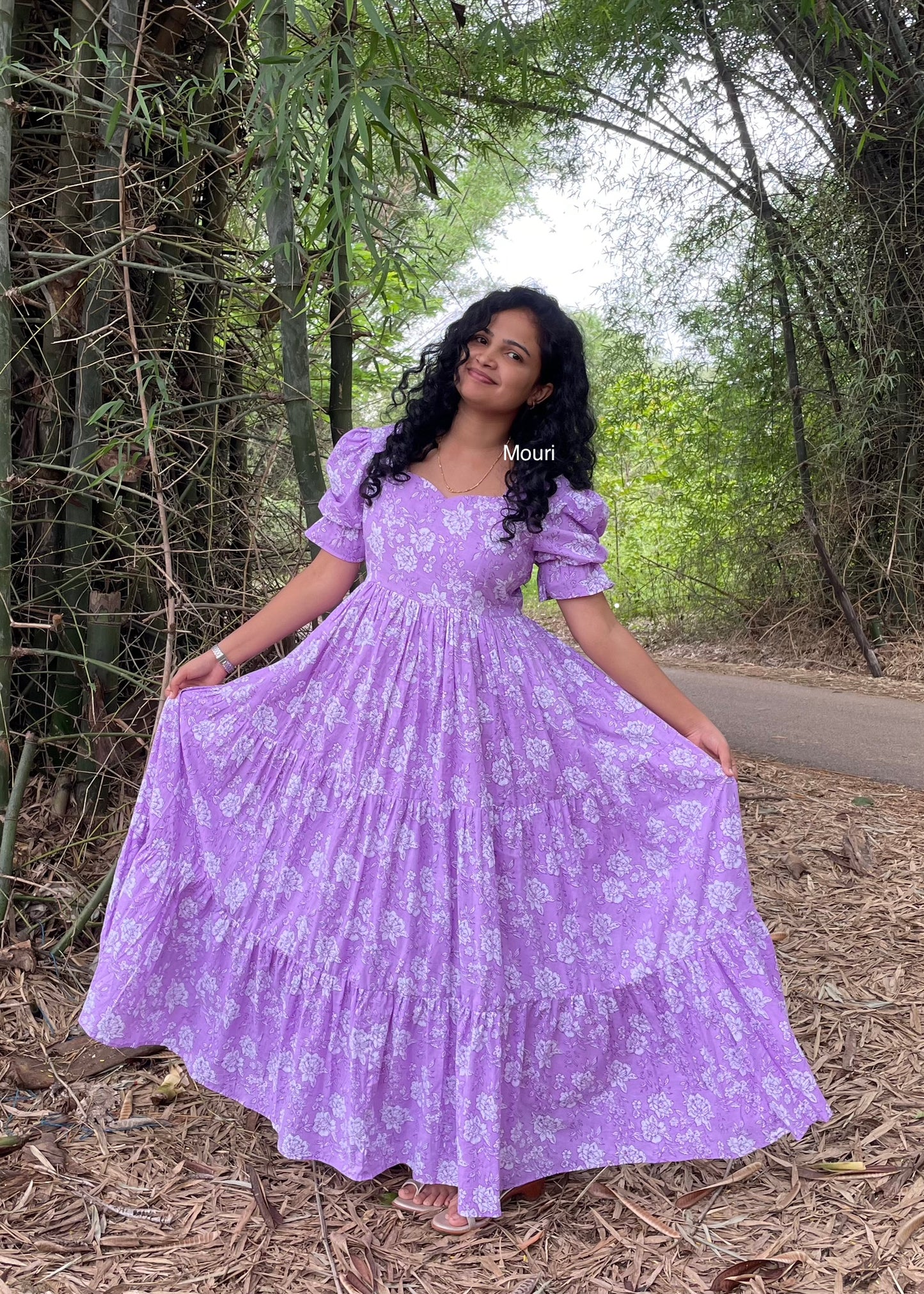 Abigail Lavender Floral Printed 3 Tier Cotton Maxi Dress