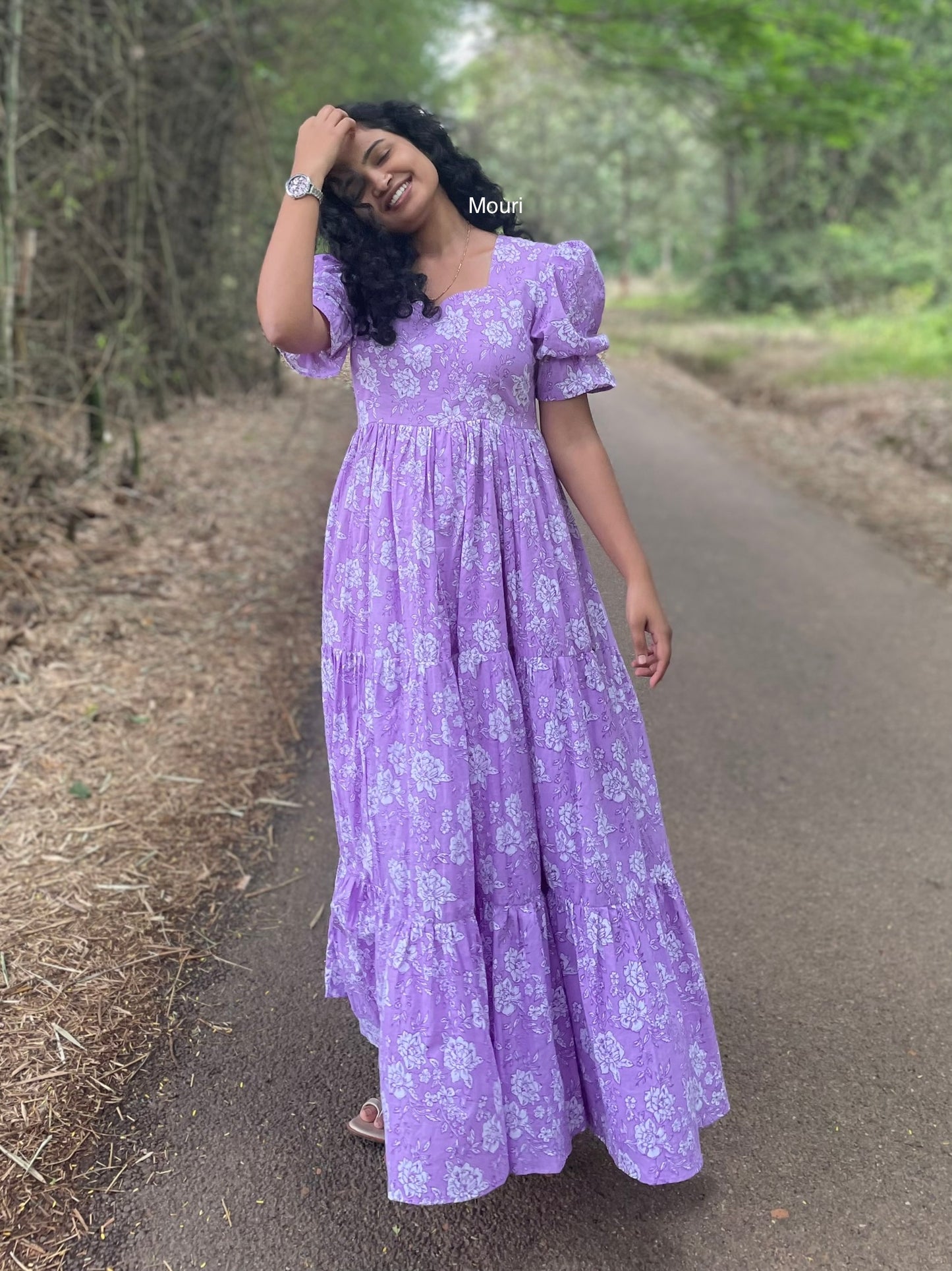 Abigail Lavender Floral Printed 3 Tier Cotton Maxi Dress