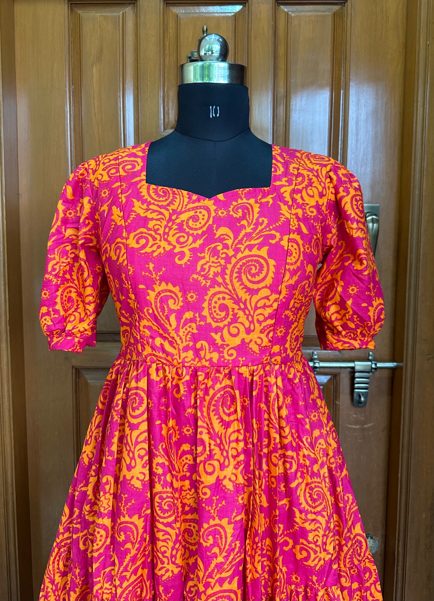 Pink with Orange Print Cotton Maxi Dress