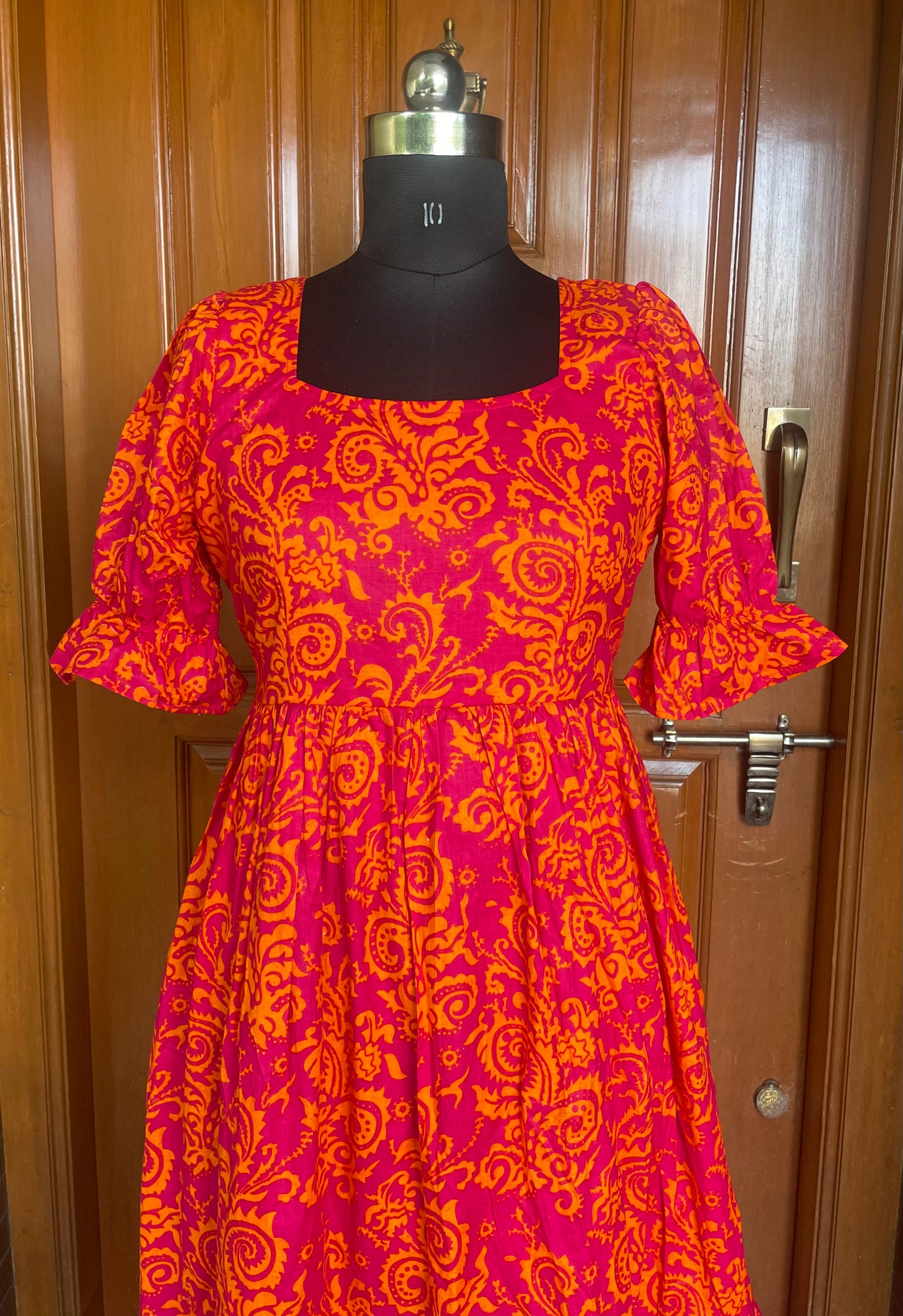 Pink with Orange Print Cotton Midi Dress