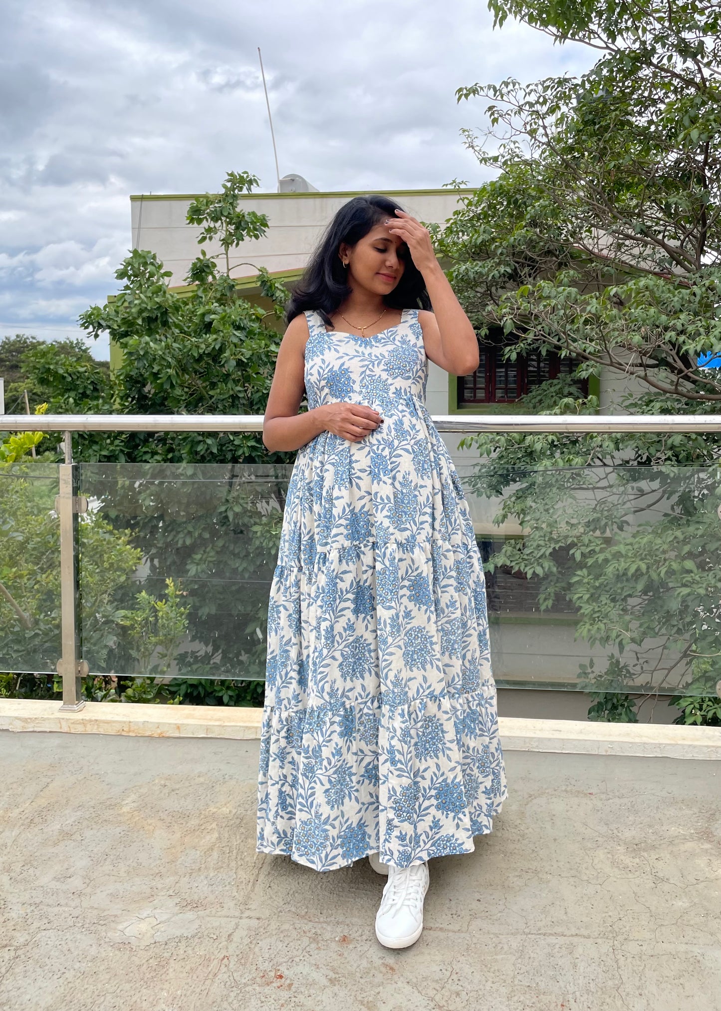 Selena White & Blue Floral Maxi Dress