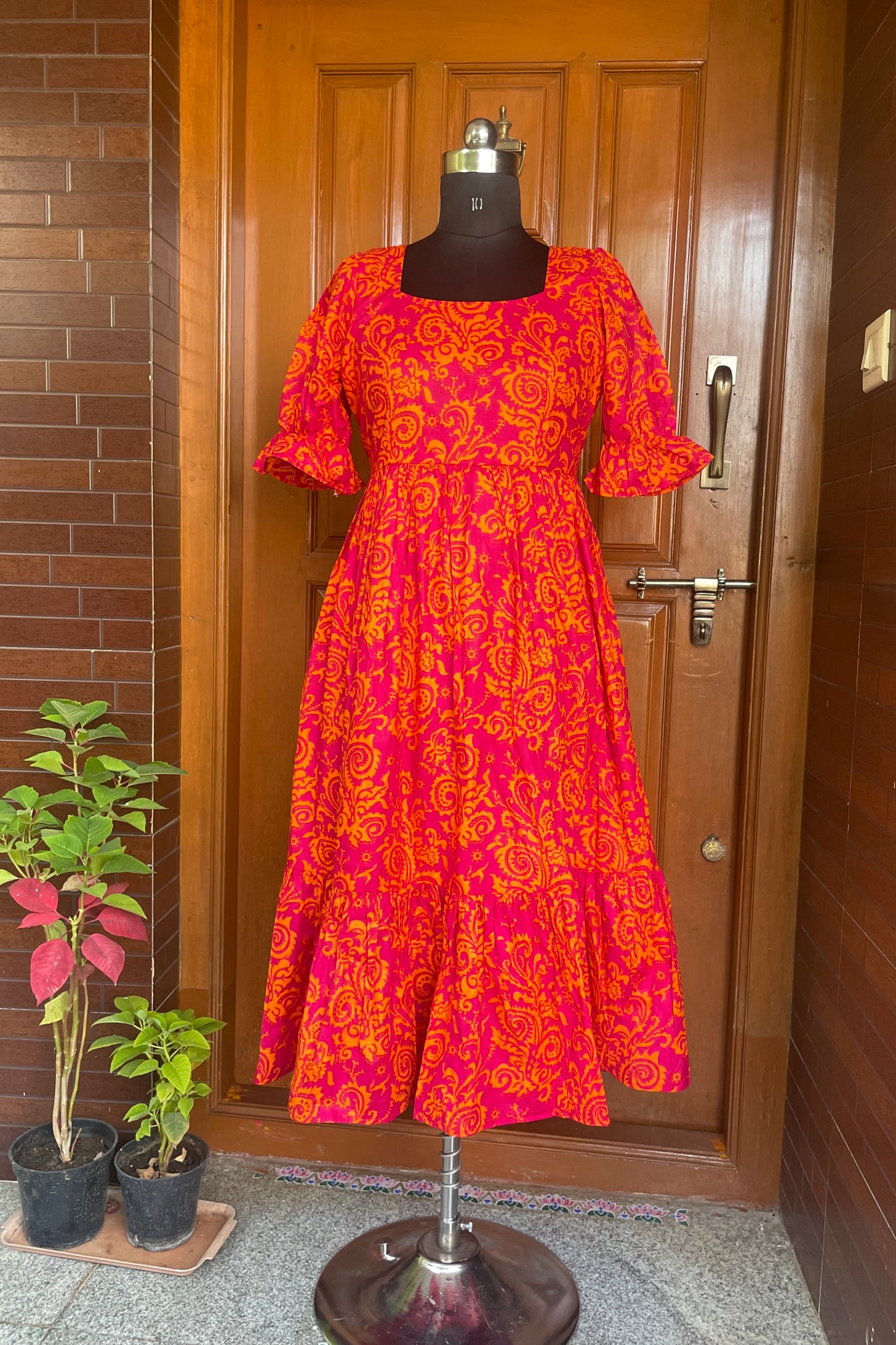 Pink with Orange Print Cotton Midi Dress