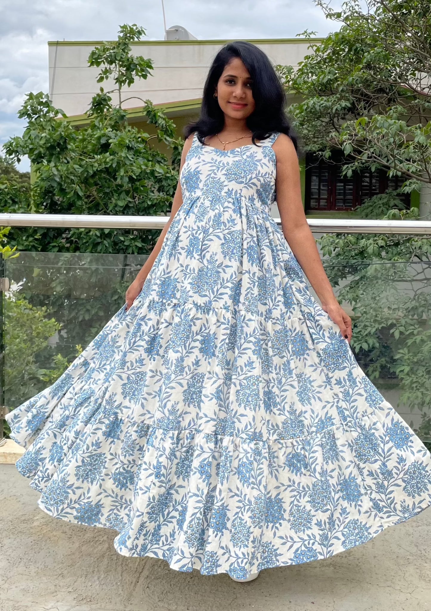 Selena White & Blue Floral Maxi Dress