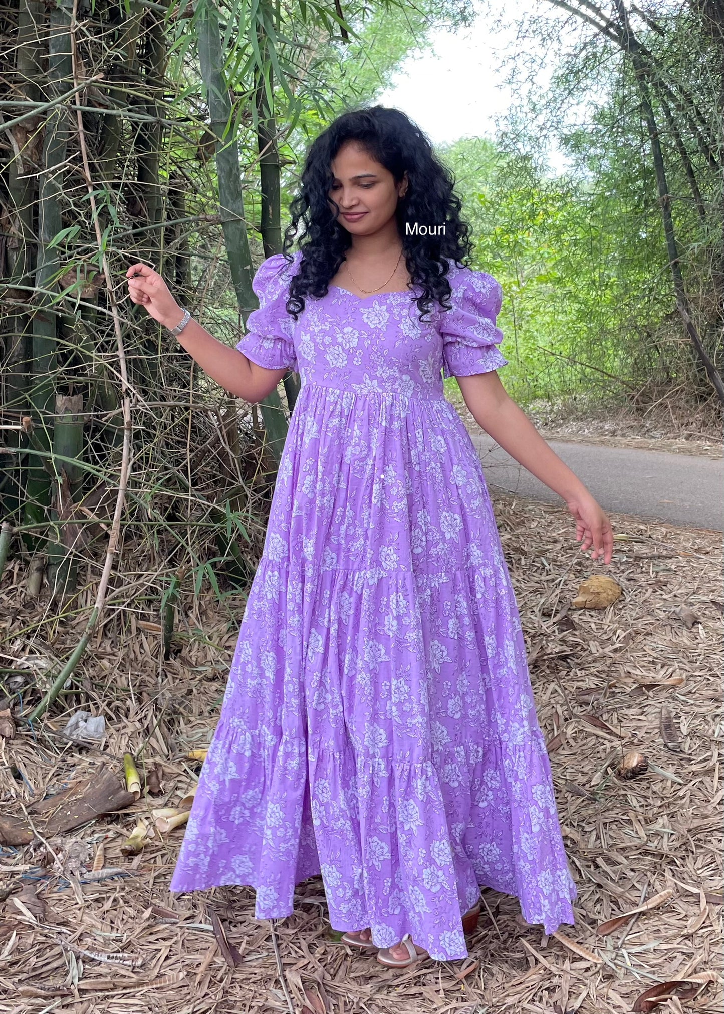 Abigail Lavender Floral Printed 3 Tier Cotton Maxi Dress