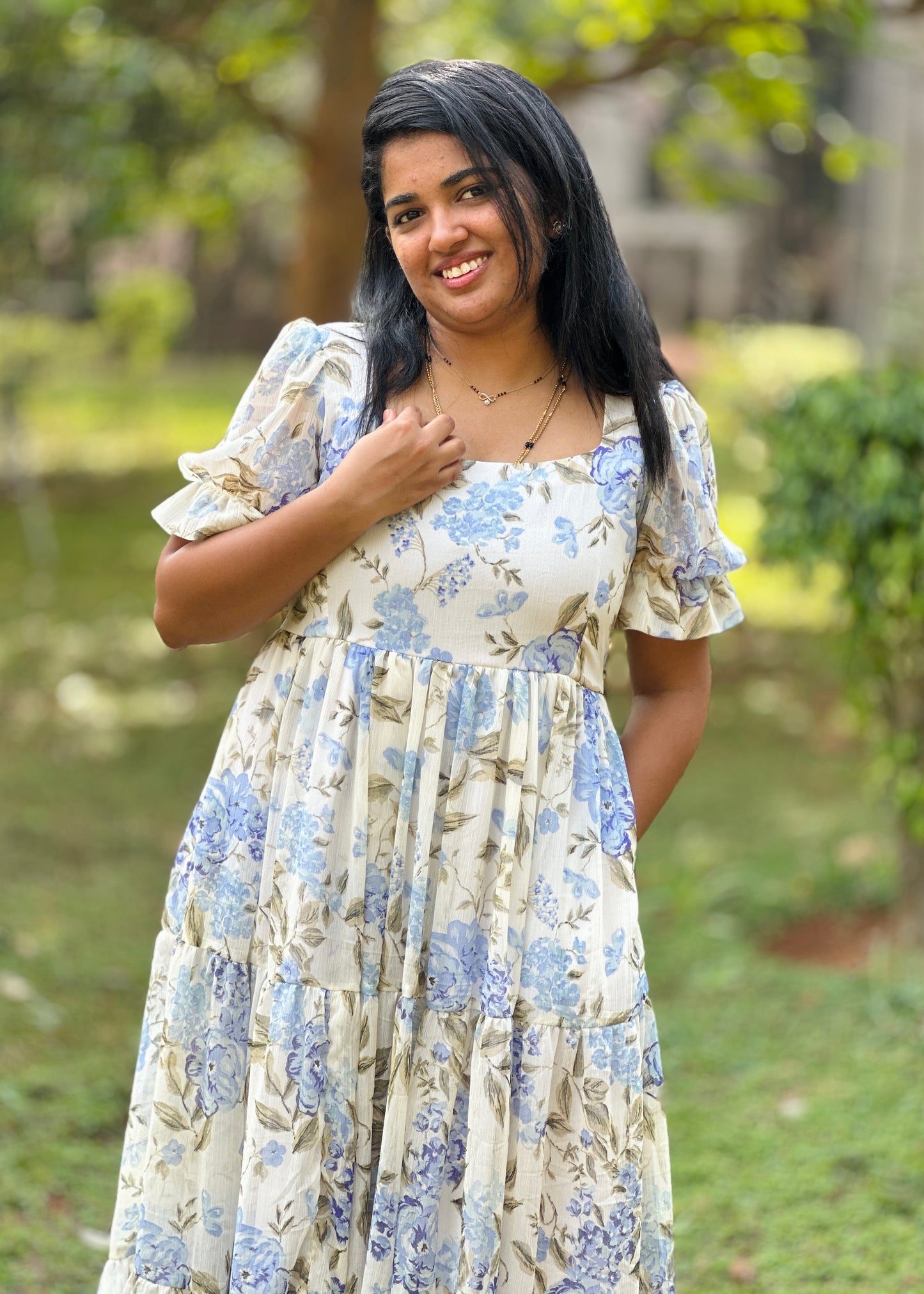 Iriselle White and Blue Floral  3 Tiered Dress