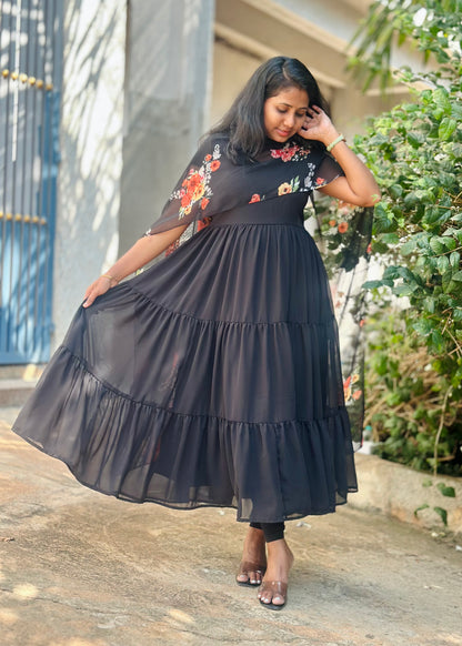 Black Tiered Anarkali with printed dupatta