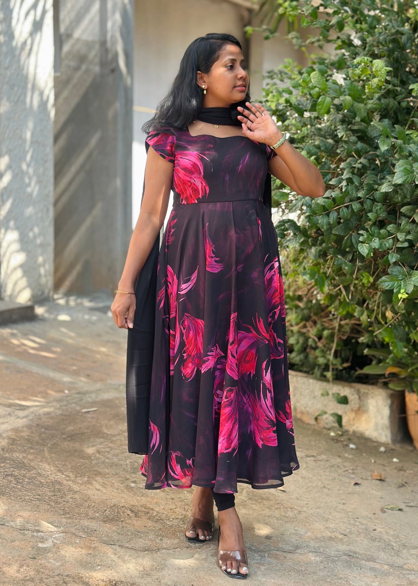 Black with Pink feather print Anarkali