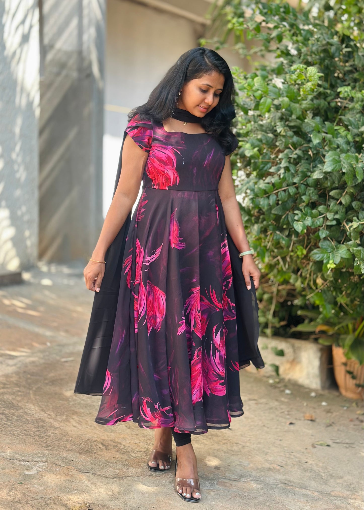 Black with Pink feather print Anarkali