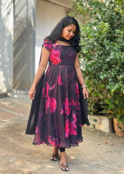 Black with Pink feather print Anarkali