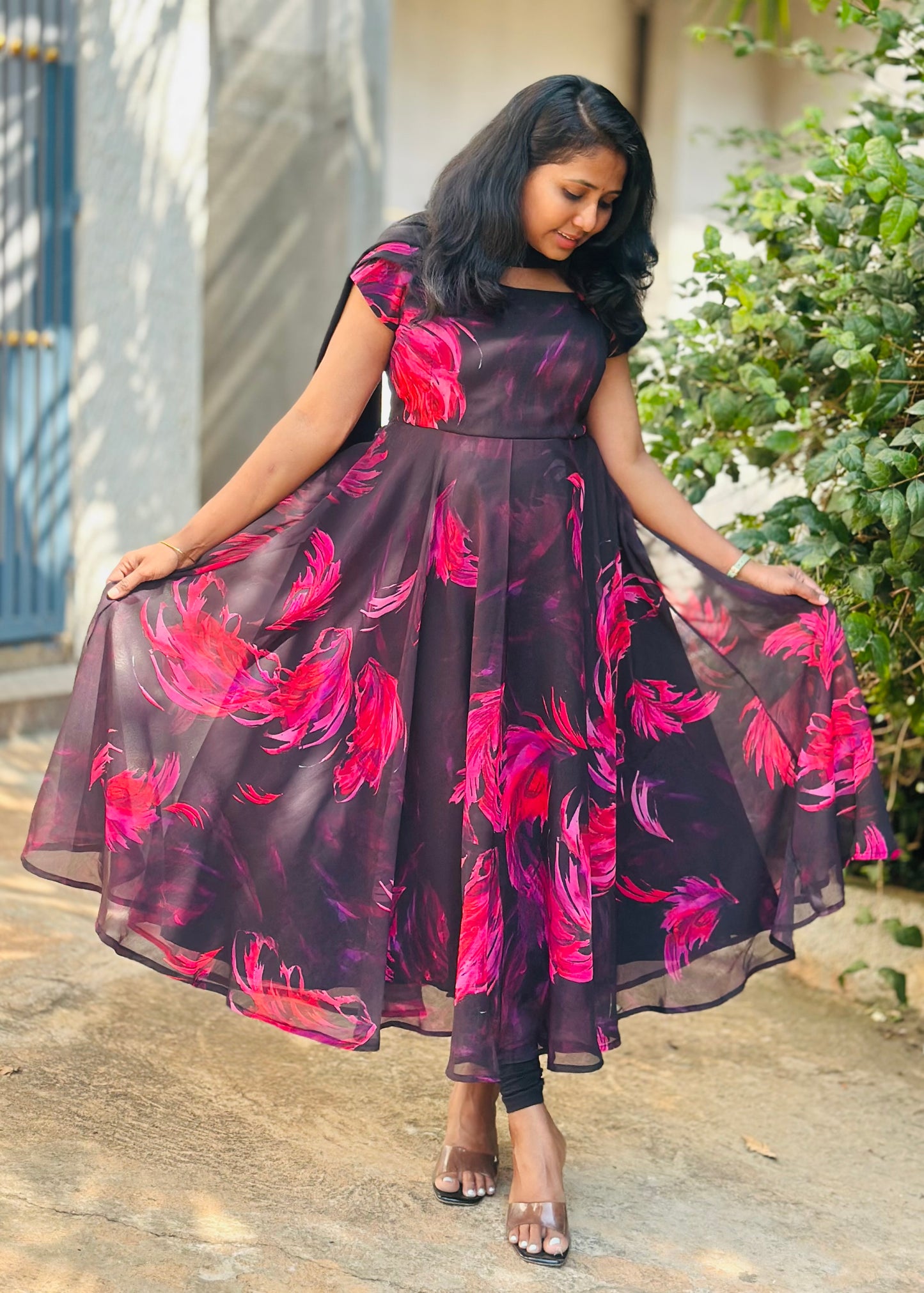 Black with Pink feather print Anarkali