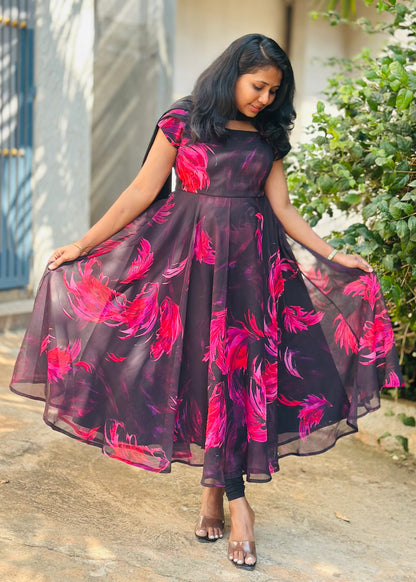 Black with Pink feather print Anarkali