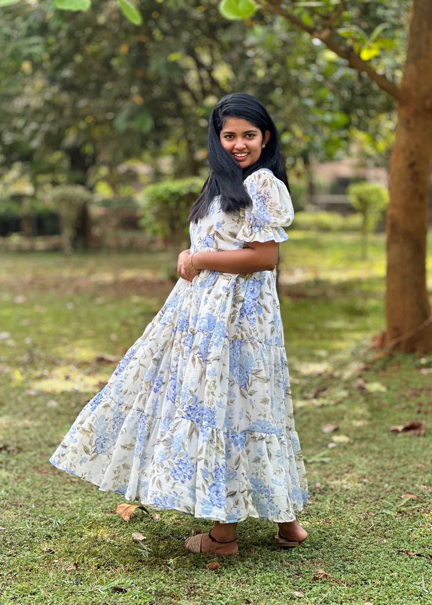 Iriselle White and Blue Floral  3 Tiered Dress