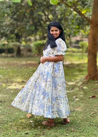 Iriselle White and Blue Floral  3 Tiered Dress
