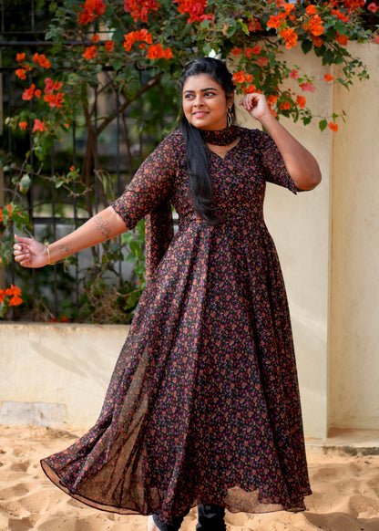 Black Ditsy Anarkali Kurta & Dupatta Set