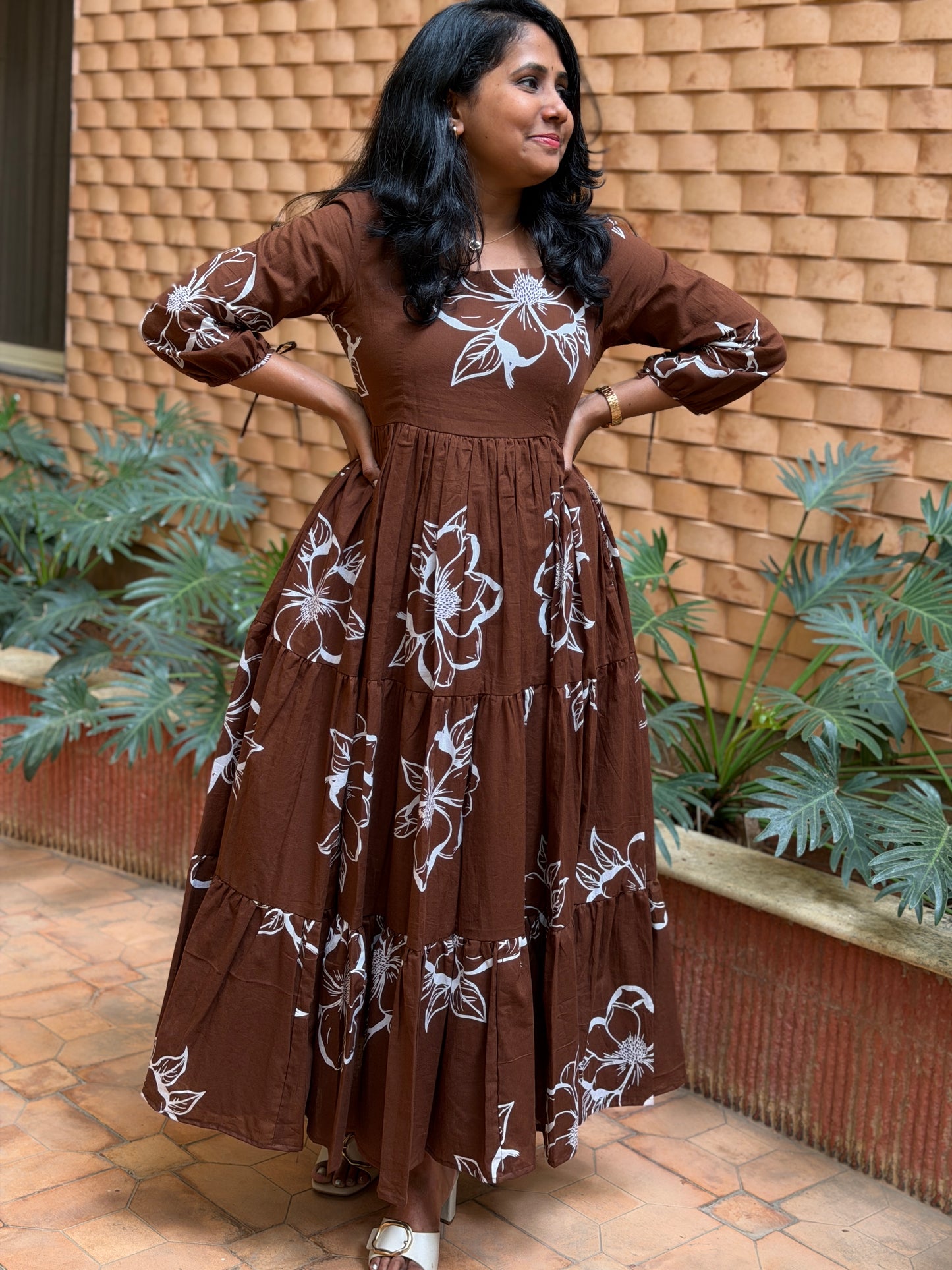 Siena Cotton Maxi Dress — Brown Floral Print