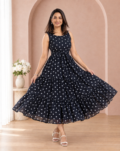 Polka Affair Dark Navy Blue Polka Dot Tiered Maxi Dress