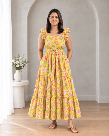 Sunlit Bloom Floral Ruffle Shoulder Chiffon Dress