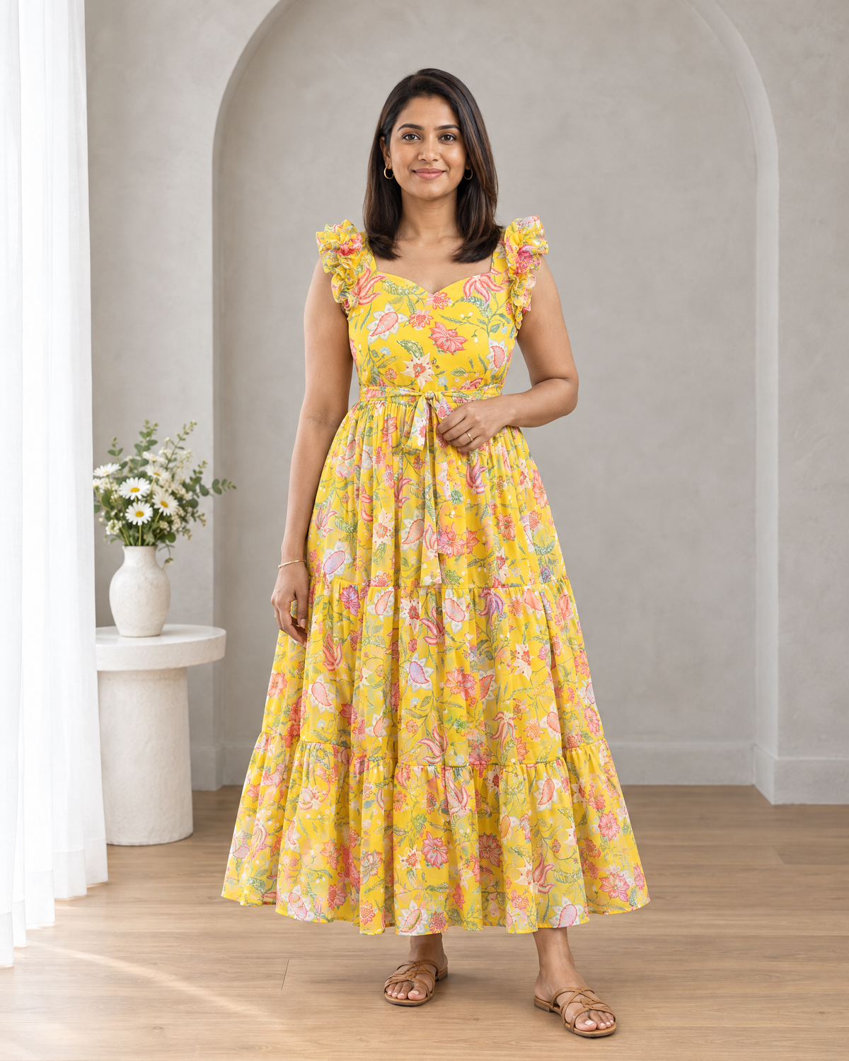 Sunlit Bloom Floral Ruffle Shoulder Chiffon Dress