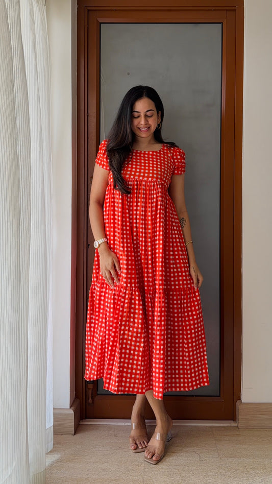 Orange Gingham Cotton Dress